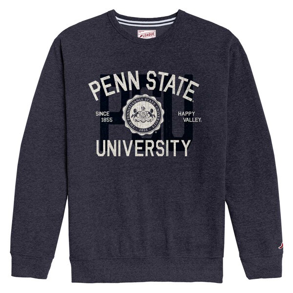 navy heather crew neck sweatshirt with Penn State University and Seal, PSU in background